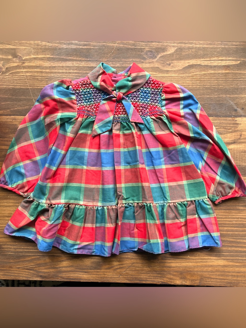 VTG Polly Flinders Dress Size 3T Hand Smocked Gingham Plaid Red Green Party